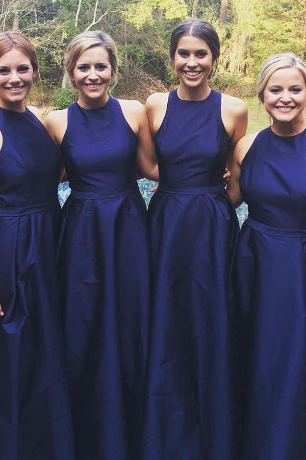 A-Line Jewel Floor-Length Navy Blue Sleeveless Satin Bridesmaid Dress (ZD13230)