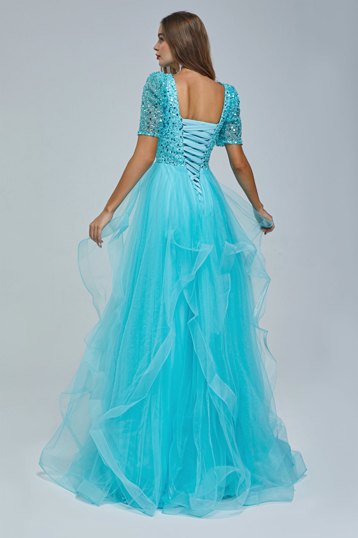 A-line Jewel half sleeves Floor-length Backless Beaded Tulle Beautiful Prom Dress