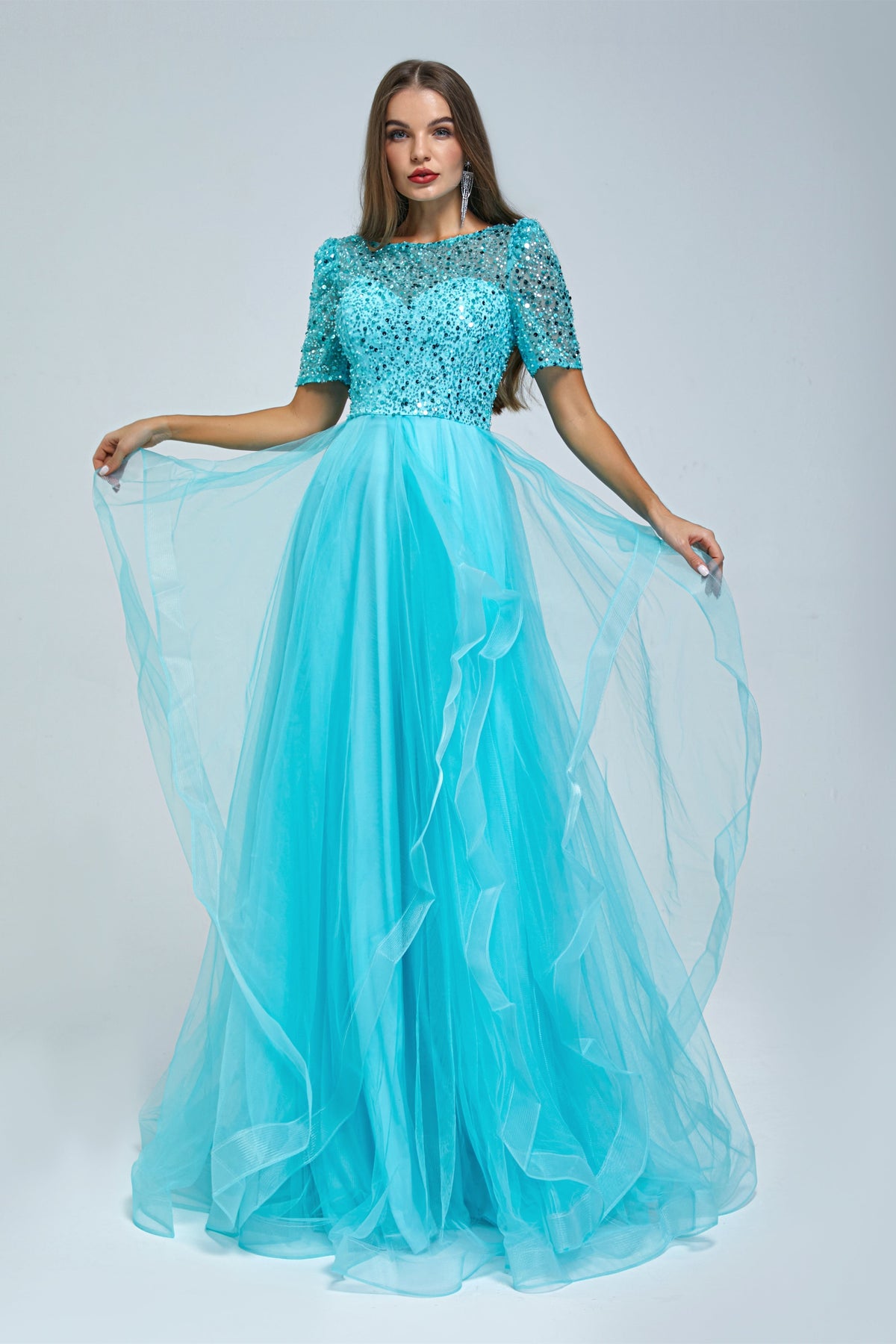 A-line Jewel half sleeves Floor-length Backless Beaded Tulle Beautiful Prom Dress