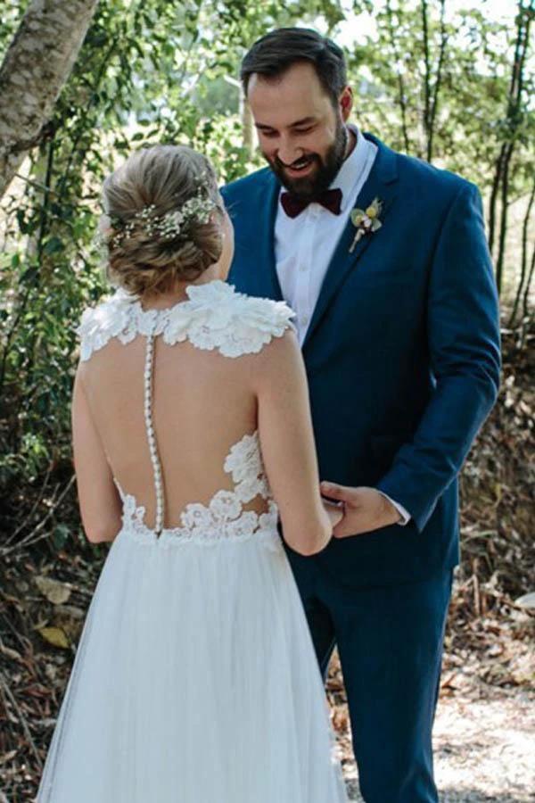 A-Line Jewel Sweep Train White Tulle Wedding Dress with Appliques (ZD15307)