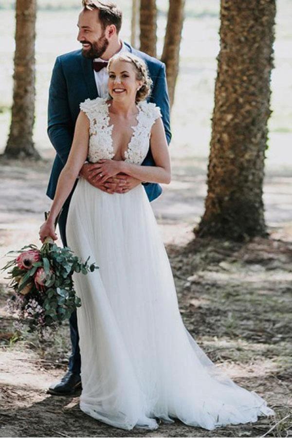 A-Line Jewel Sweep Train White Tulle Wedding Dress with Appliques (ZD15307)