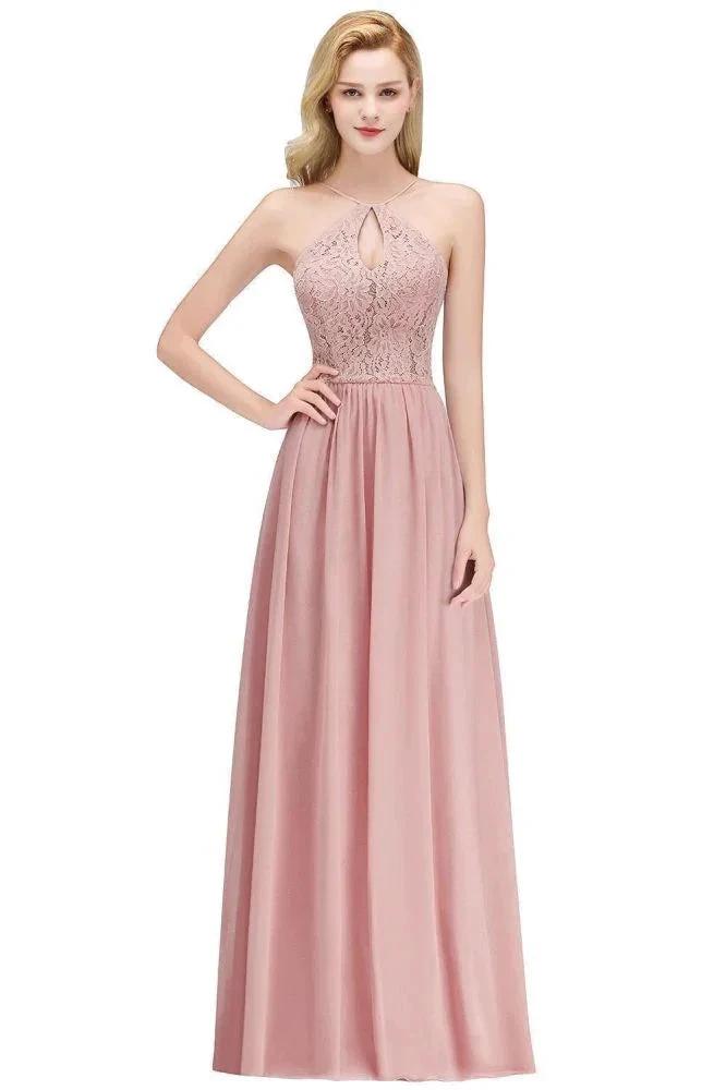 A-line Keyhole Neckline Lace Top Long Spaghetti Bridesmaid Dress by misshow.com