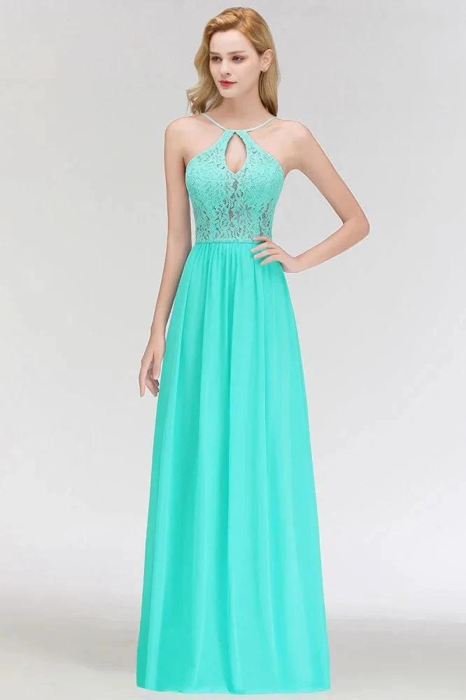 A-line Keyhole Neckline Lace Top Long Spaghetti Bridesmaid Dress (ZD13043)