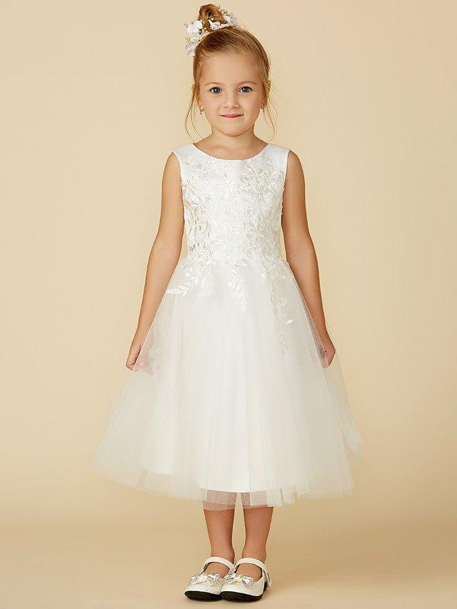A-Line Lace Tulle Sleeveless Jewel Neck Wedding First Communion Flower Girl Dresses