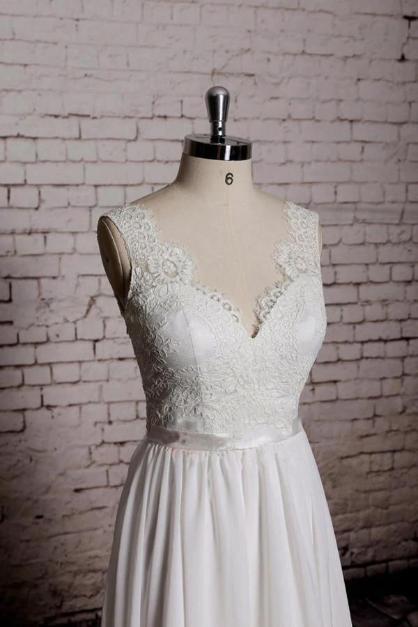 A-line Lace V-Neck Backless Sheath Long Wedding Dress (ZD16383)