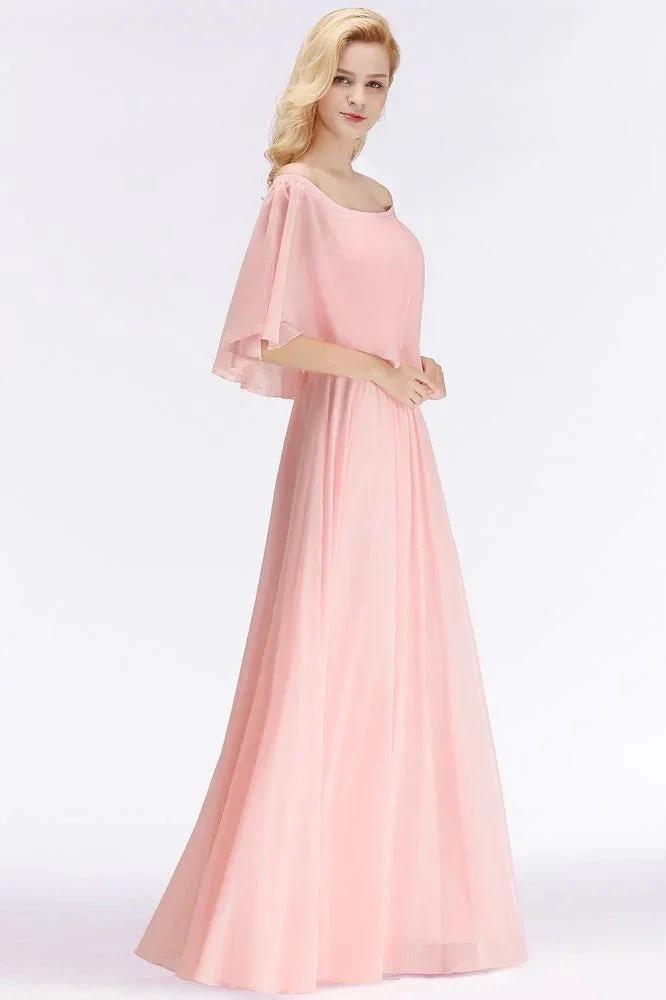 A-line Long Off-the-shoulder Pink Bridesmaid Dresses with Sleeves by misshow.com