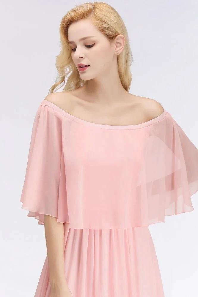 A-line Long Off-the-shoulder Pink Bridesmaid Dresses with Sleeves (ZD13130)