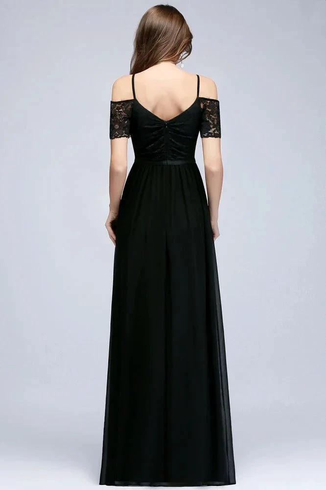 A-line Long Spaghetti V-neck Black Lace Chiffon Bridesmaid Dress (ZD13039)