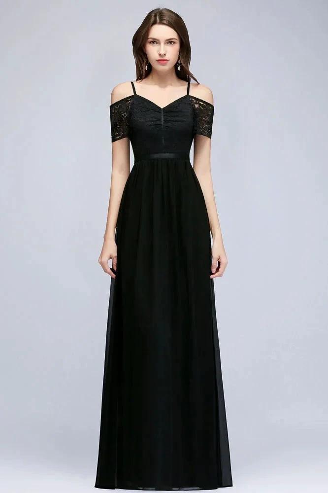 A-line Long Spaghetti V-neck Black Lace Chiffon Bridesmaid Dress (ZD13039)