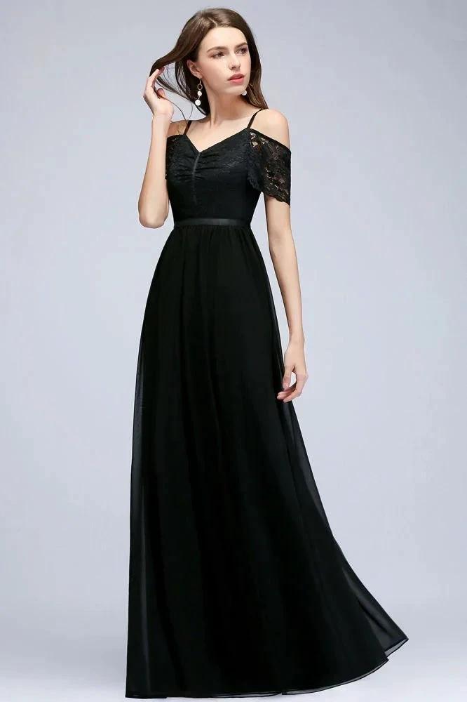 A-line Long Spaghetti V-neck Black Lace Chiffon Bridesmaid Dress by misshow.com