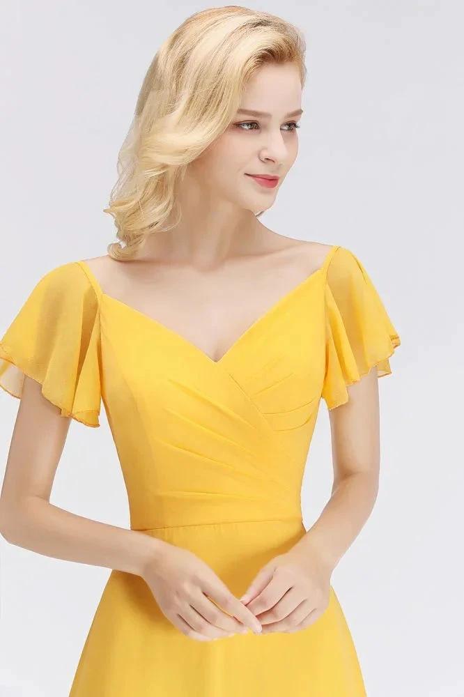 A-line Long V-neck Short Sleeves Yellow Chiffon Bridesmaid Dresses (ZD13052)