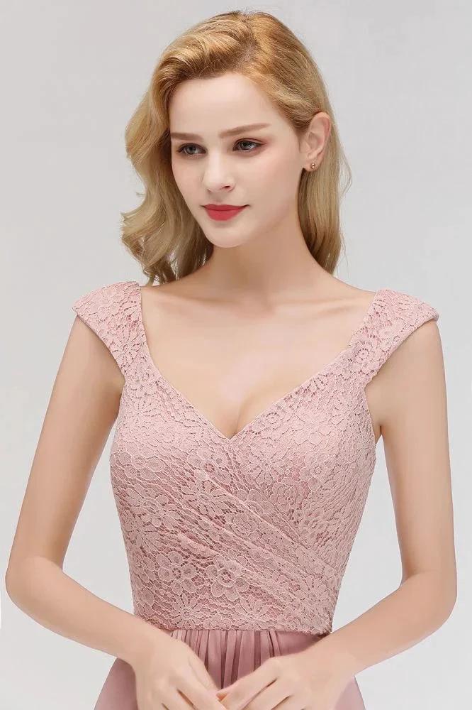A-line Long V-neck Sleeveless Formal Party Dress Lace Top Chiffon Bridesmaid Dress (ZD13034)