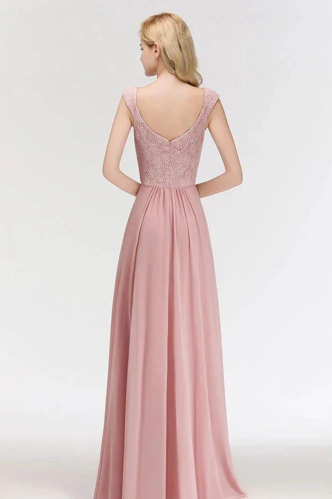 A-line Long V-neck Sleeveless Formal Party Dress Lace Top Chiffon Bridesmaid Dress (ZD13034)