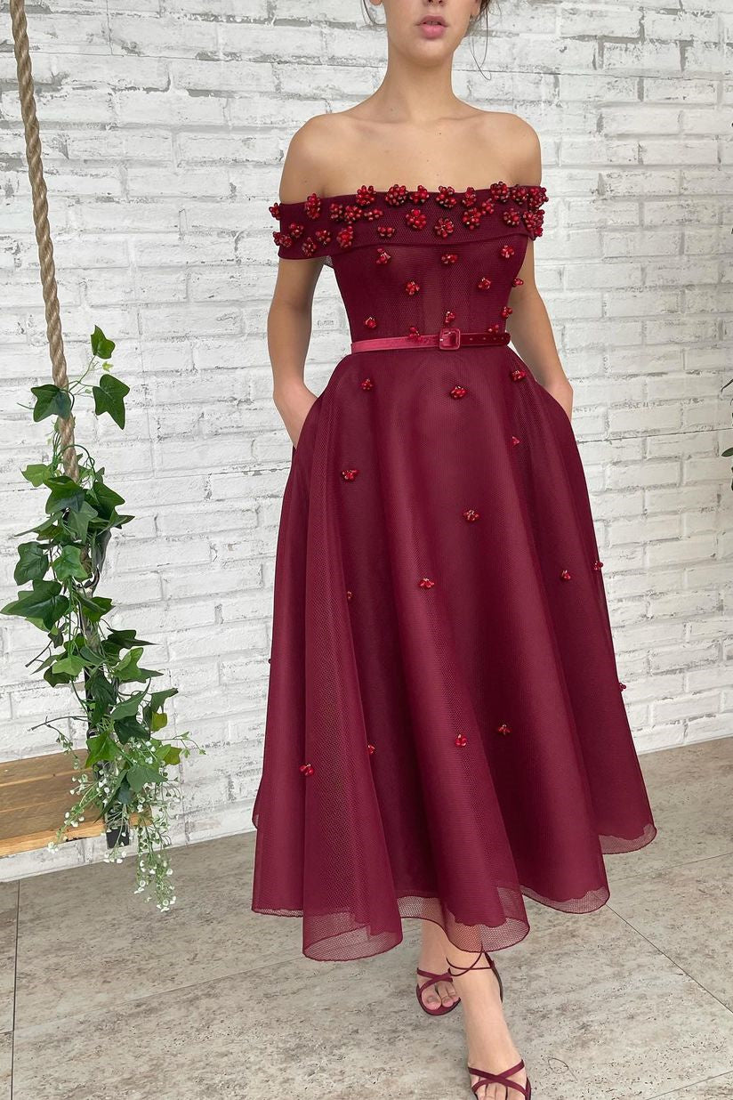 A-Line Off-the-shoulder Ankle Length Sleeveless Open Back Beading Homecoming Dress