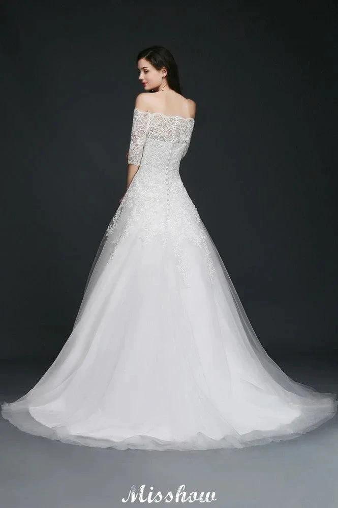 A-line Off-the-Shoulder Court Train Tulle Wedding Dresses with Buttons (ZD13933)