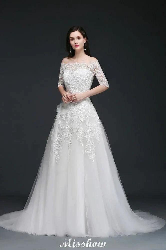 A-line Off-the-Shoulder Court Train Tulle Wedding Dresses with Buttons by misshow.com