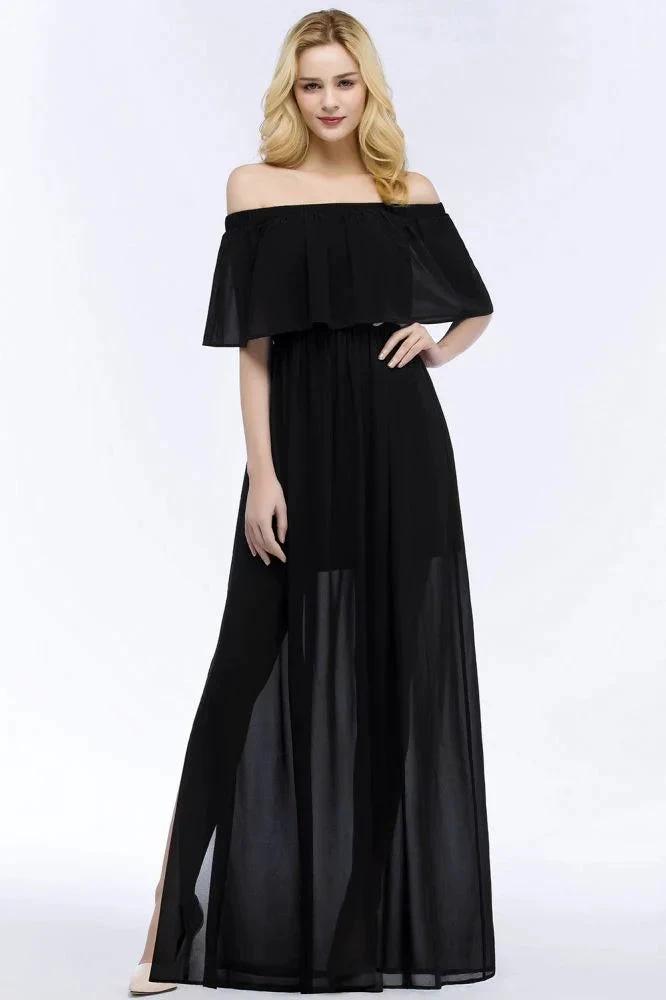 A-line Off-the-shoulder Floor Length Black Chiffon Bridesmaid Dresses (ZD13038)