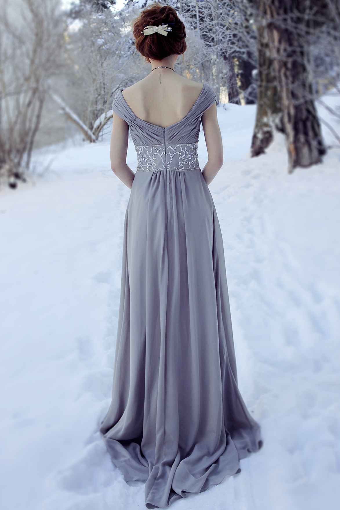 A-line Off-the-shoulder Floor Length Chiffon Beading Evening Dress