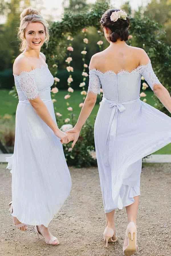 A-Line Off-the-Shoulder Light Blue Pleated Chiffon Bridesmaid Dress with Lace (ZD13233) - View 2 | VelvetHem