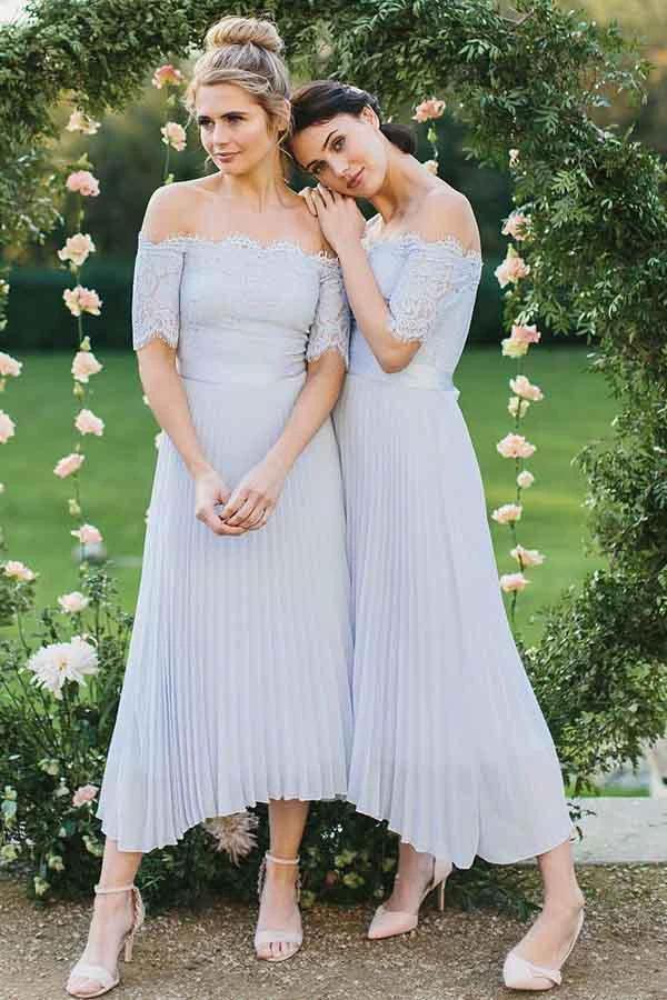 A-Line Off-the-Shoulder Light Blue Pleated Chiffon Bridesmaid Dress with Lace BD056 by pgmdress