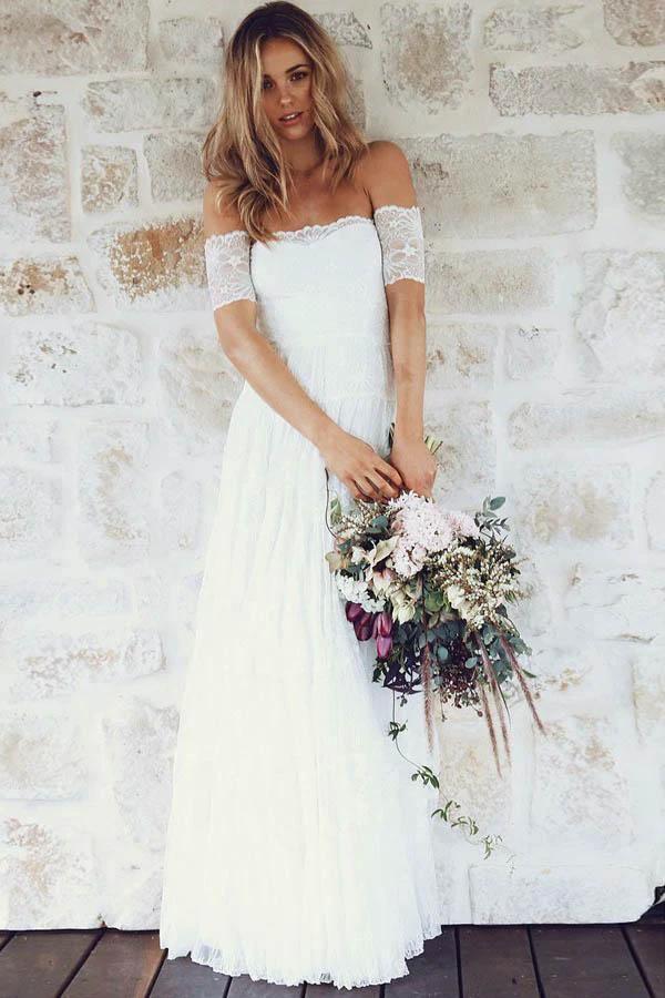 A-Line Off-the-Shoulder Short Sleeves Lace Boho Wedding Dress (ZD16018)