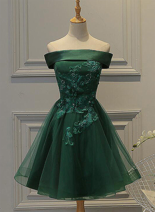 A-Line Off-the-Shoulder short sleeves Tulle Satin Short/Mini Homecoming Dress With Appliques Lace Beading