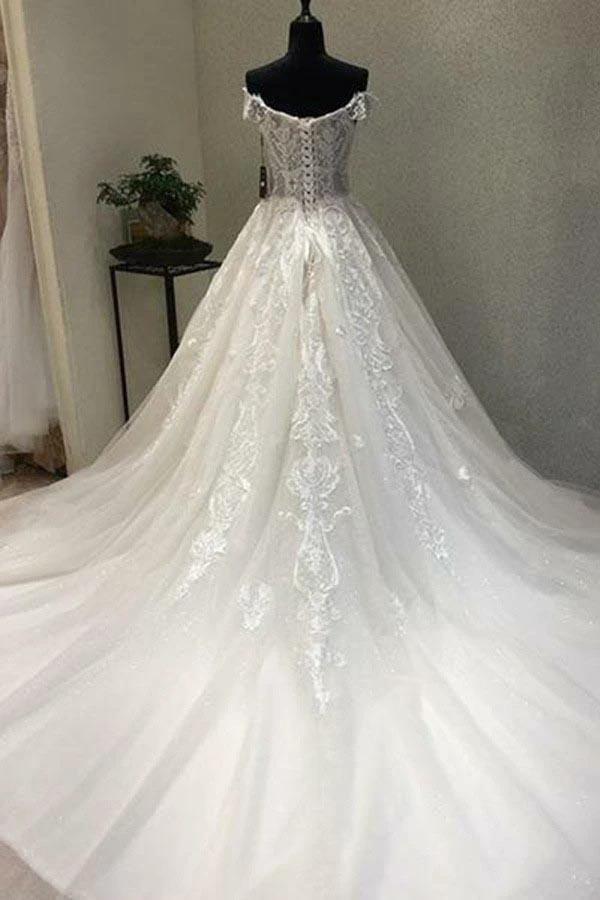 A-Line Off-the-Shoulder Short Sleeves Wedding Dress with Appliques (ZD16187)