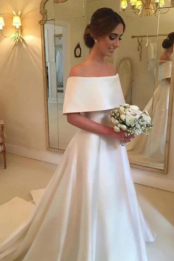 A-Line Off-the-Shoulder Sweep Train Satin Prom Dress with Ruffle (ZD16066)