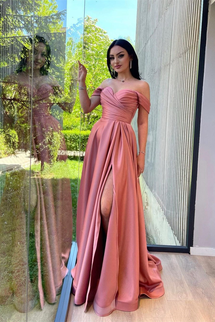 A-Line Off-the-shoulder Sweetheart High Split Floor-Length Open Back Prom Dress