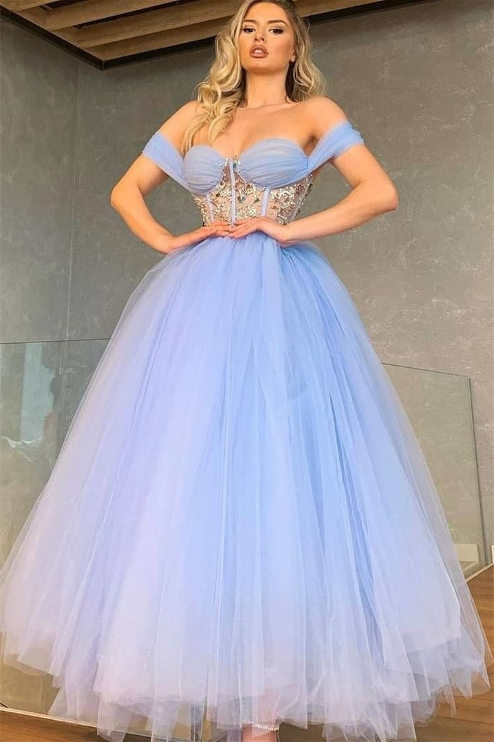 A-line Off-the-shoulder Sweetheart Lace Ankle Length Prom Dress