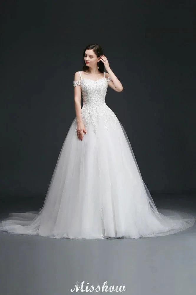 A-line Off-the-Shoulder Tulle Elegant Wedding Dresses with Appliques (ZD13938)