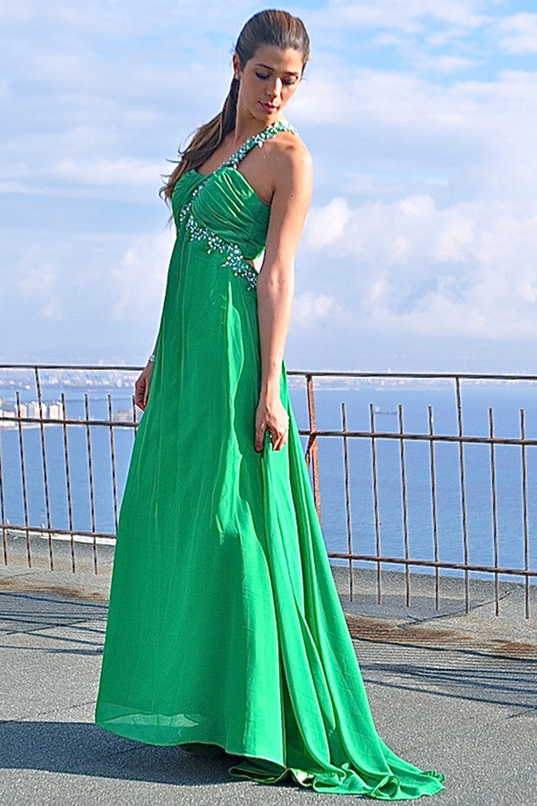 A-Line One-Shoulder Floor-Length Chiffon Applique Backless Evening Dress
