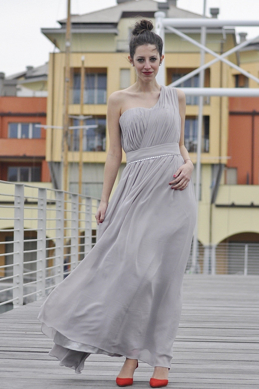 A-Line One-Shoulder Floor-Length Chiffon Evening Dress