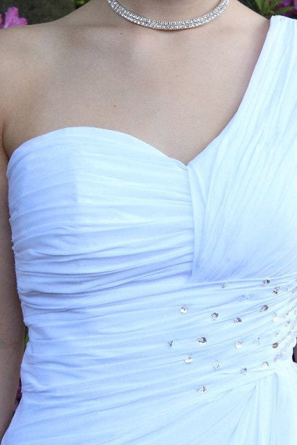 A-line One-shoulder Floor Length Chiffon Front Slit Rhinestone Prom Dress