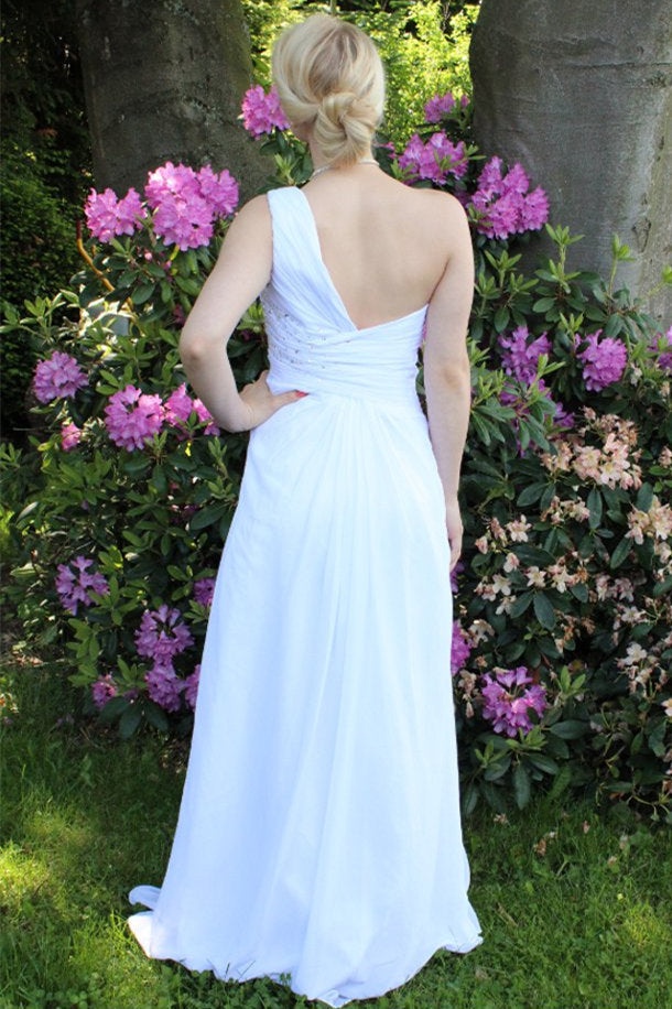 A-line One-shoulder Floor Length Chiffon Front Slit Rhinestone Prom Dress