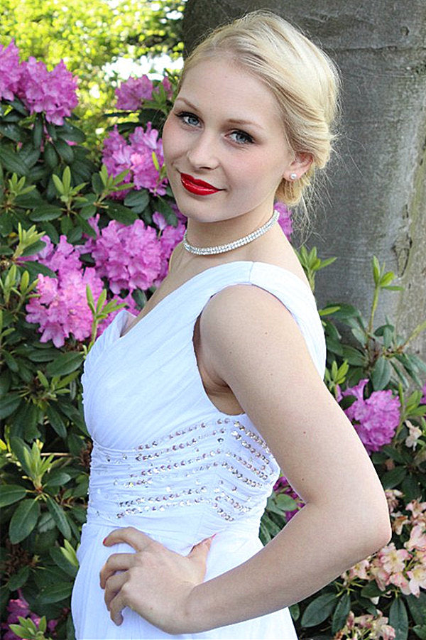 A-line One-shoulder Floor Length Chiffon Front Slit Rhinestone Prom Dress