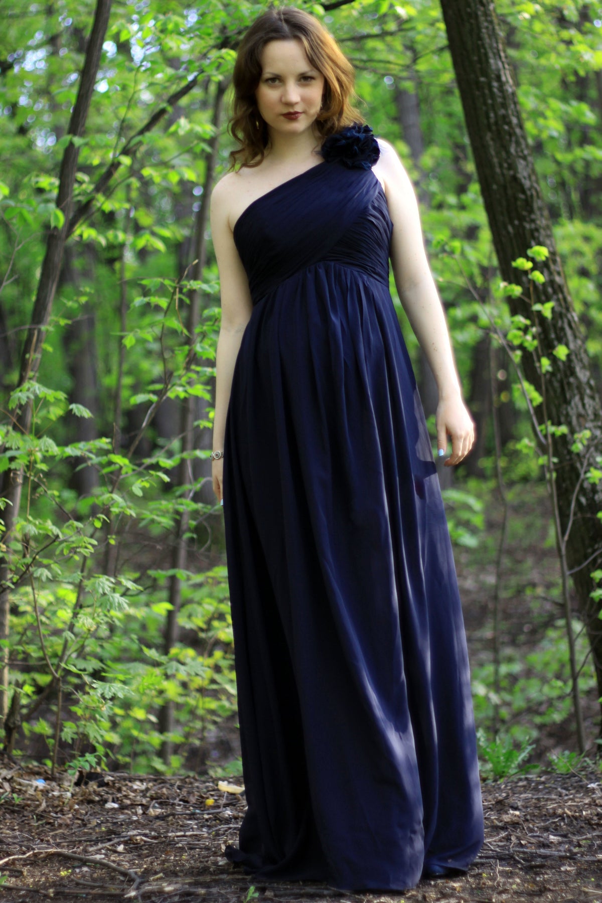 A-Line One-Shoulder Floor-Length Chiffon Handmade Flower Bridesmaid Dress