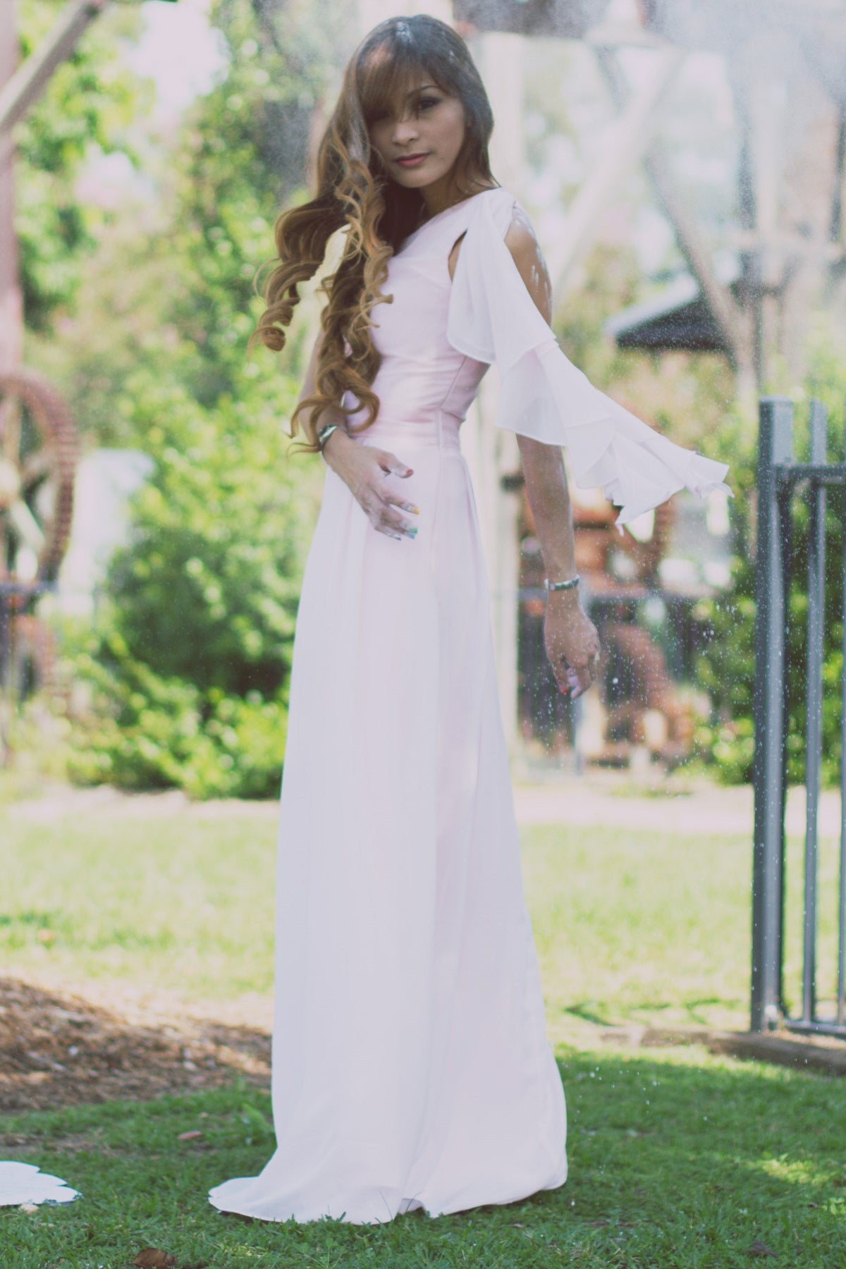 A-Line One-Shoulder Floor-Length Chiffon Hanging Ribbon Prom Dress