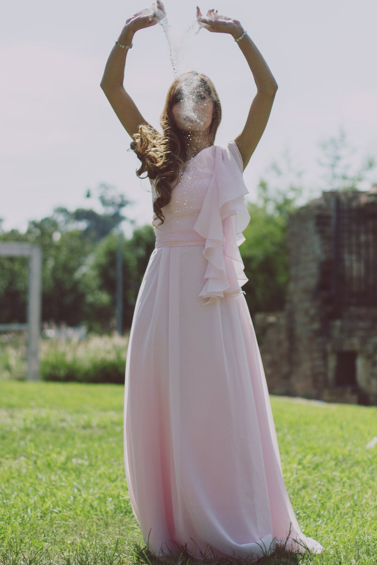 A-Line One-Shoulder Floor-Length Chiffon Hanging Ribbon Prom Dress