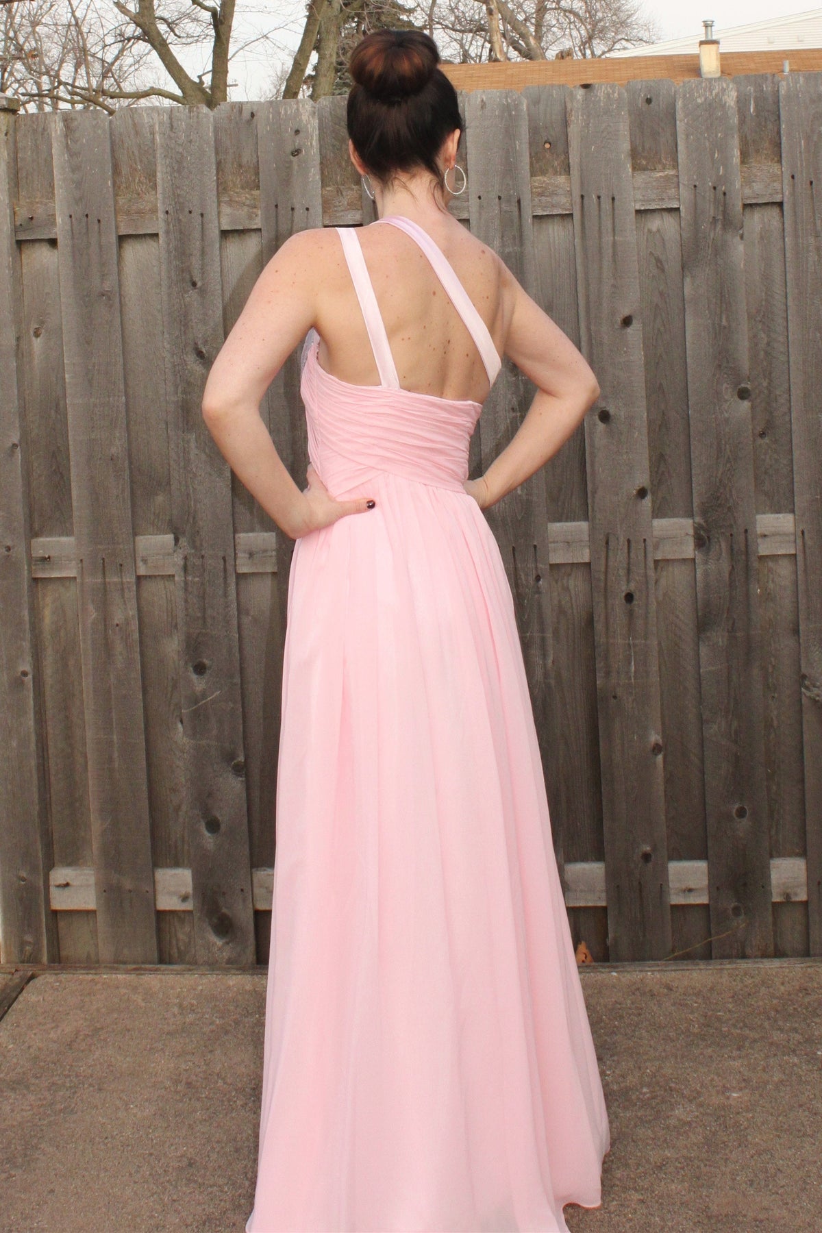 A-line One-shoulder Floor Length Chiffon Paillette Backless Prom Dress
