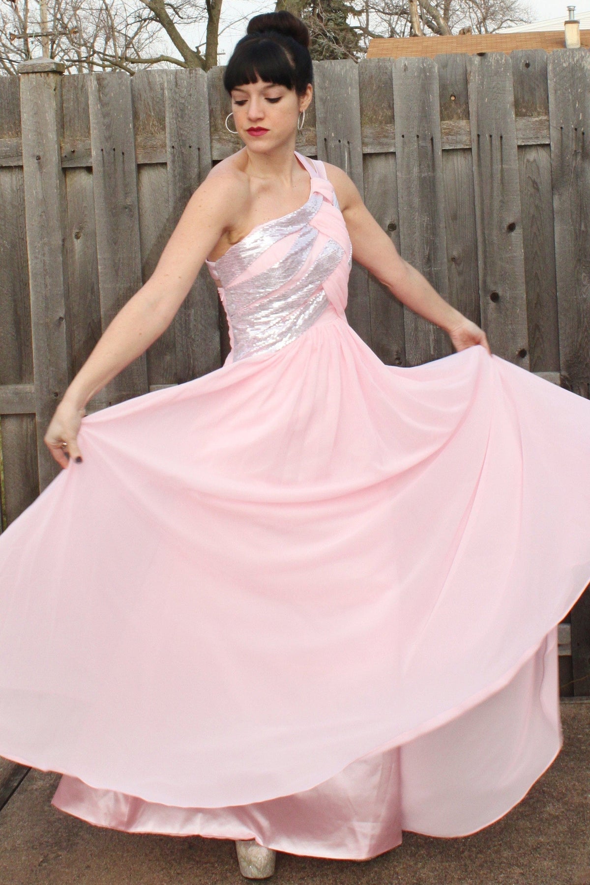 A-line One-shoulder Floor Length Chiffon Paillette Backless Prom Dress