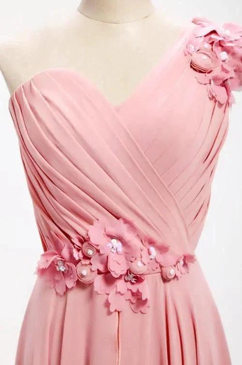 A-line One Shoulder Long Chiffon Bridesmaid Dress with Flowers (ZD13196)