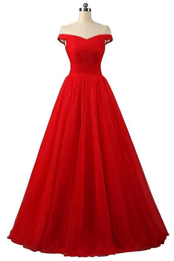 A-line Red Floor Length Tulle PromDresses Evening Dresses PG247 by pgmdress