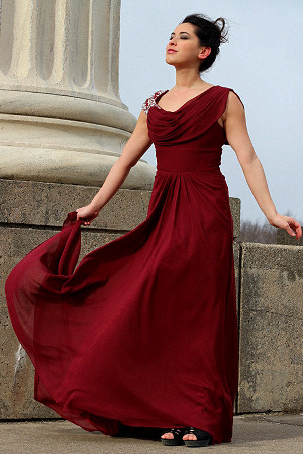 A-Line Round Collar Floor-Length Chiffon Beading Prom Dress
