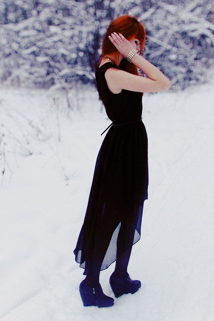 A-line Round Collar High-low Length Chiffon Prom Dress