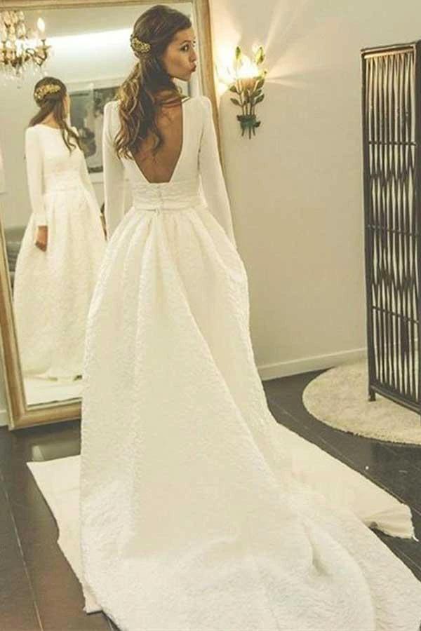 A-Line Round Neck Backless Satin Wedding Dress with Sleeves (ZD15494)