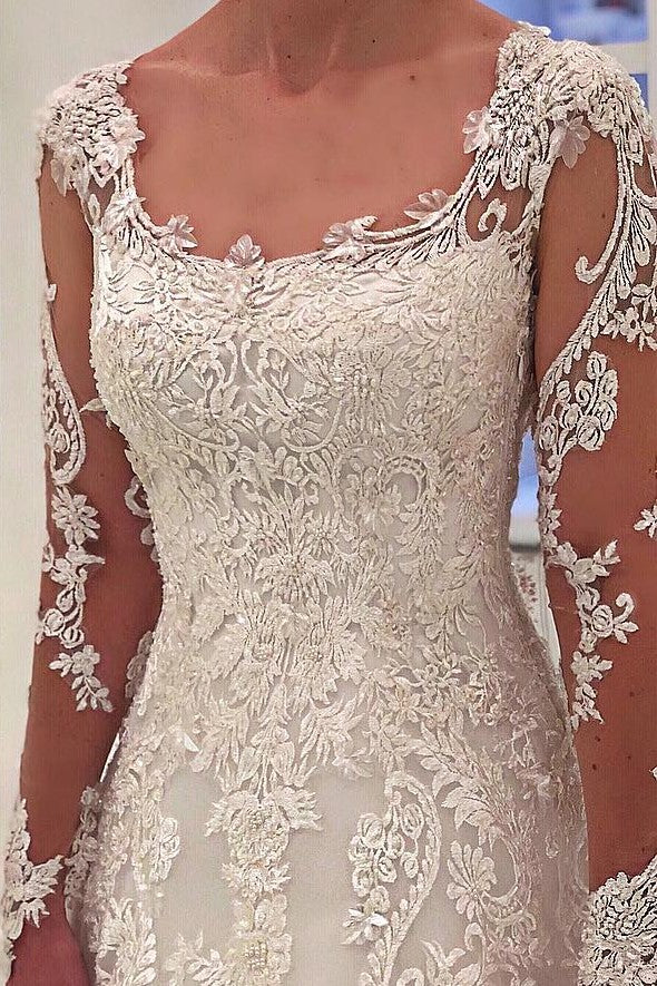 A-Line Round Neck Long Sleeve Floor-Length Tulle Applique Wedding Dress