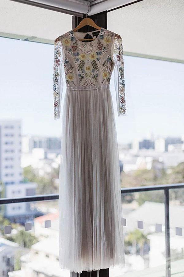 A-Line Round Neck Long Wedding Dress with Lace Long Sleeves (ZD16024)