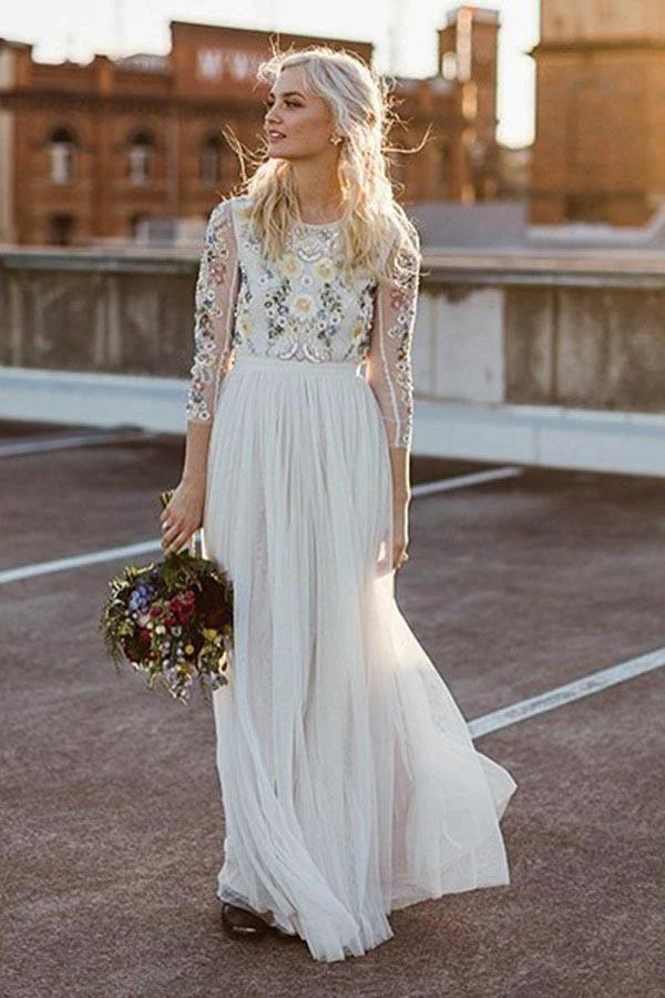 A-Line Round Neck Long Wedding Dress with Lace Long Sleeves (ZD16024) - VelvetHem