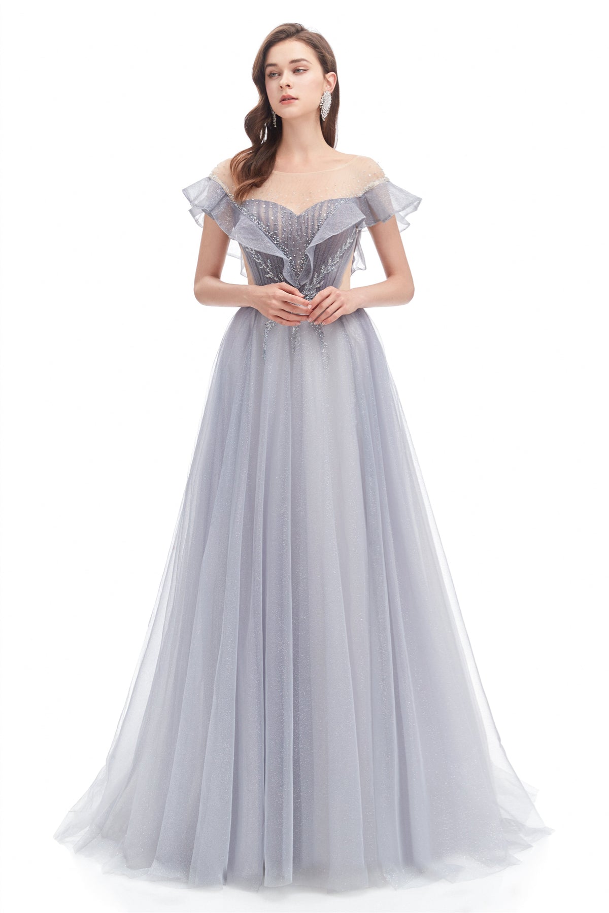 A-Line Round Sequined Floor-Length Cap Sleeve Open Back Appliques Lace Prom Dress